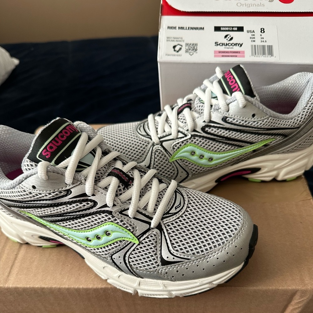 Saucony Women's White Running Sneakers with Neon Green & Pink Ride Millennium